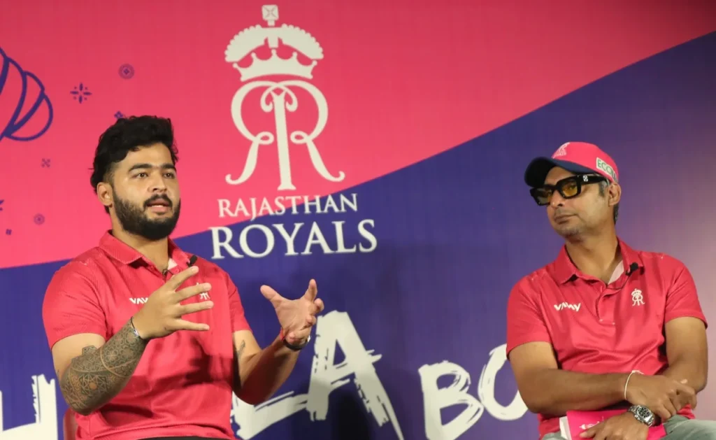 Riyan Parag and Kumar Sangakkara at a Rajasthan Royals press meet