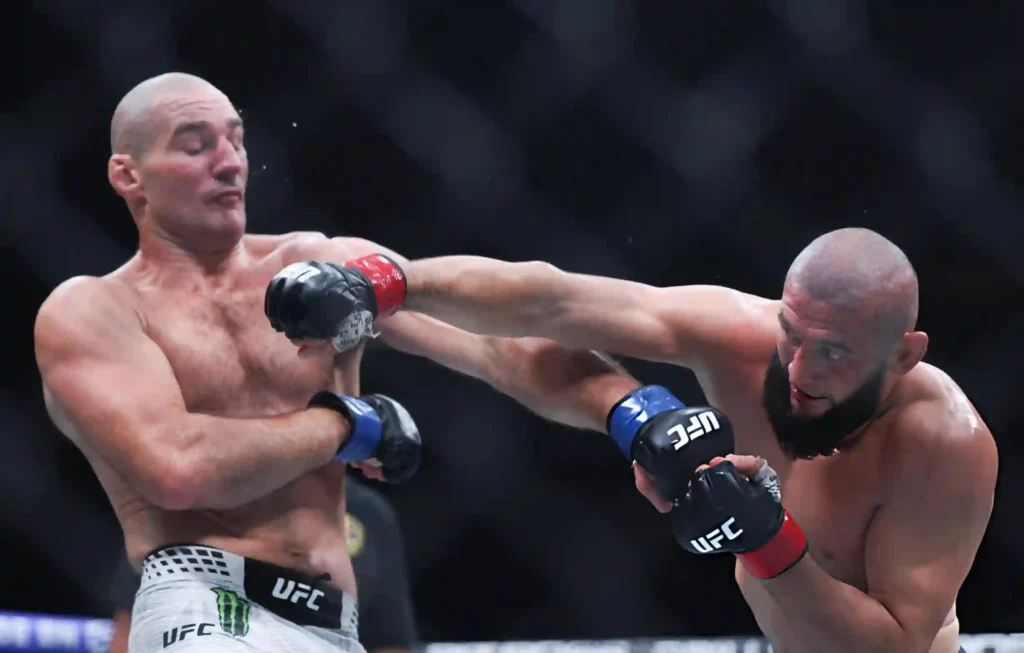 UFC 328 Results: Khamzat Chimaev punches Sean Strickland during UFC 328 middleweight title fight at Prudential Center