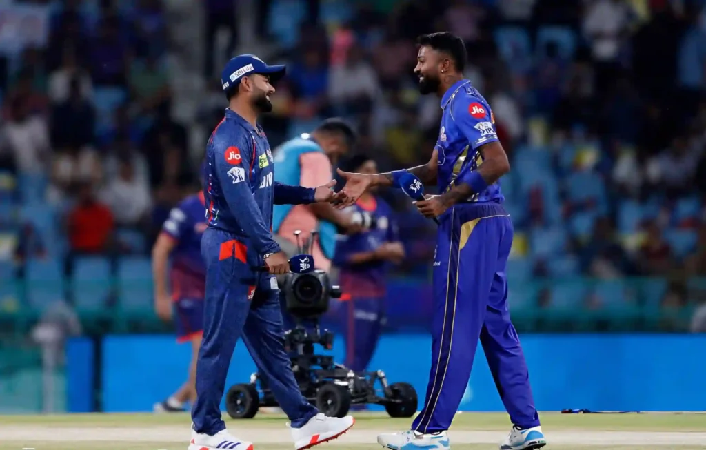 LSG vs MI. Rishabh Pant and Hardik Pandya during the toss in IPL match between Lucknow Super Giants and Mumbai Indians