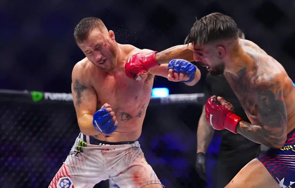 Ilia Topuria lands a strike on Justin Gaethje during the UFC lightweight championship fight at UFC White House