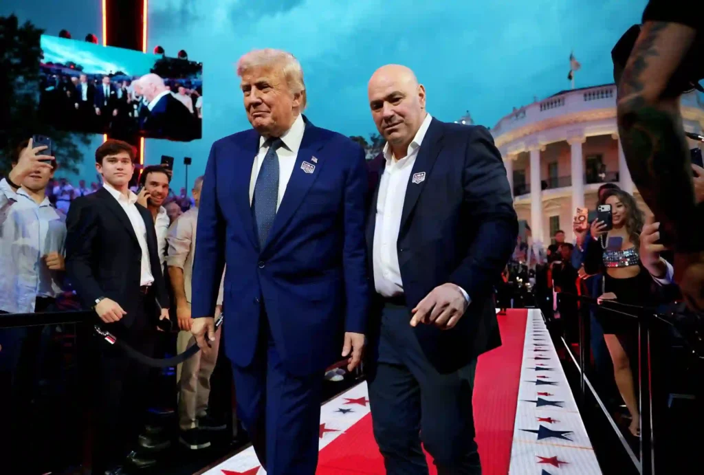 Donald Trump and Dana White walk onto the White House South Lawn ahead of UFC Freedom 250 in Washington, D.C