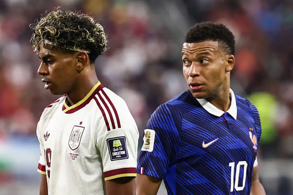 Kylian Mbappe reacts near Lamine Yamal during the 2026 FIFA World Cup semifinal