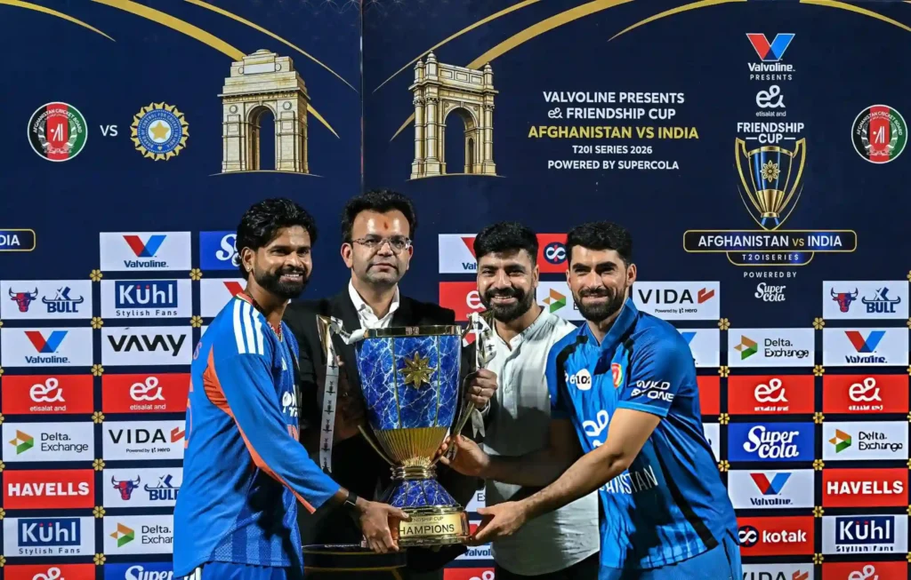 India captain Shreyas Iyer and Afghanistan captain Ibrahim Zadran pose with the trophy after the third T20I between India and Afghanistan